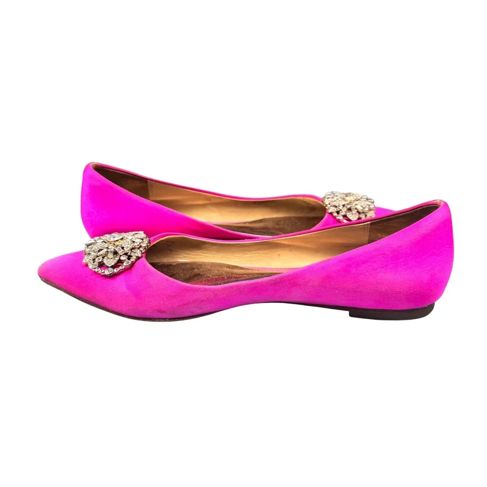 Size 7.5 - Badgley Mischka Davis Pink Satin Pointed Toe Crystal Brooch Flats